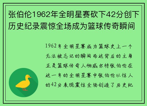 张伯伦1962年全明星赛砍下42分创下历史纪录震惊全场成为篮球传奇瞬间