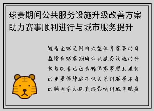 球赛期间公共服务设施升级改善方案助力赛事顺利进行与城市服务提升